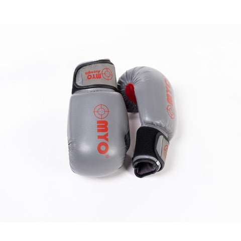 MYO Strength Boxing Gloves/Pads- Grey/Red - Leather -12/14/16oz MYO9392-MYO9394